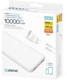 Platinet power bank + USB charger 10000mAh Kit PMPB10SETW, white