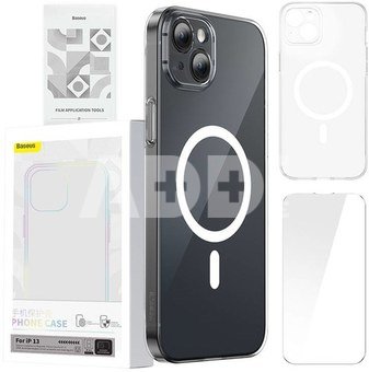 Pouzdro na telefon Baseus Magnetic Crystal Clear pro iPhone 13 (průhledn&eacute;) s ochrann&yacute;m krytem displeje z tvrzen&eacute;ho skla a čistic&iacute; sadou