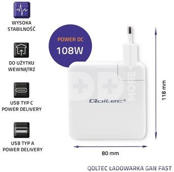 Qoltec Power charger GaN FAST 108W, USB C, white