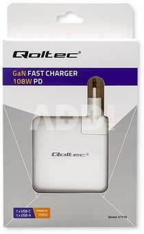 Qoltec Power charger GaN FAST 108W, USB C, white