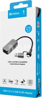 Sandberg 136-68 USB-C/A 2.5 GbE RJ45 Adapter, 2.5 Gigabit Ethernet on USB-C