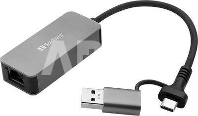 Sandberg 136-68 USB-C/A 2.5 GbE RJ45 Adapter, 2.5 Gigabit Ethernet on USB-C