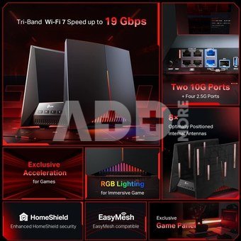 TP-LINK BE19000 Tri Band Wi-Fi 7 Gaming Router | Archer GE800 | 802.11be | 1376 Mbit/s | Ethernet LAN (RJ-45) ports 1 | Mesh Support No | MU-MiMO No | No mobile broadband
