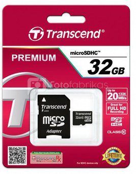 Transcend MicroSDHC 32GB + Adapteris / Class 10