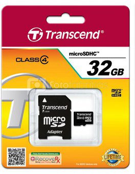 Transcend MicroSDHC 32GB + Adapteris / Class 4