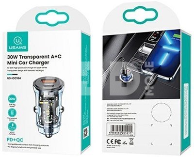 USAMS Car charger 30W 1xUSB+ 1xUSB-C Fast charge blu