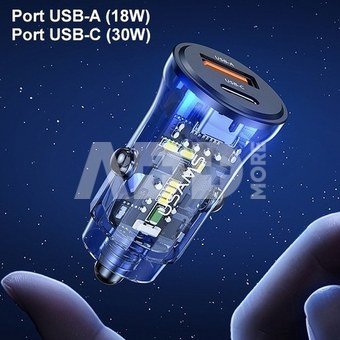 USAMS Car charger 30W 1xUSB+ 1xUSB-C Fast charge blu