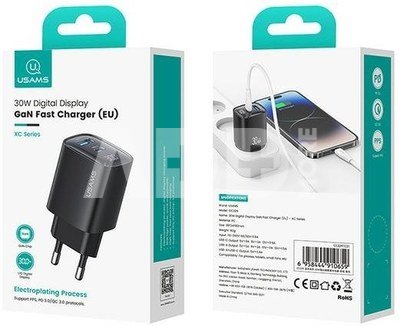 USAMS Charger 30W GaN LED USB+USB-C CC229 Black
