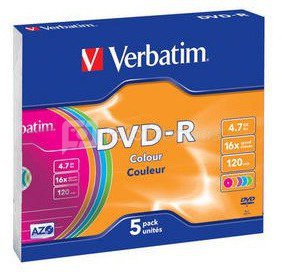 1x5 Verbatim DVD-R 4,7GB Colour 16x Speed, Slim Case