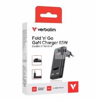 Verbatim Fold n Go GaN Charger 65W 2xUSB C schw.klappb.St.32354
