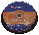 1x10 Verbatim DVD-R 4,7GB 16x Speed, matt silver Cakebox