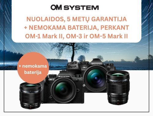 OM System NUOLAIDOS, 5 METŲ GARANTIJA + NEMOKAMA BATERIJA, perkant OM-1 Mark II, OM-3 ir OM-5 Mark II