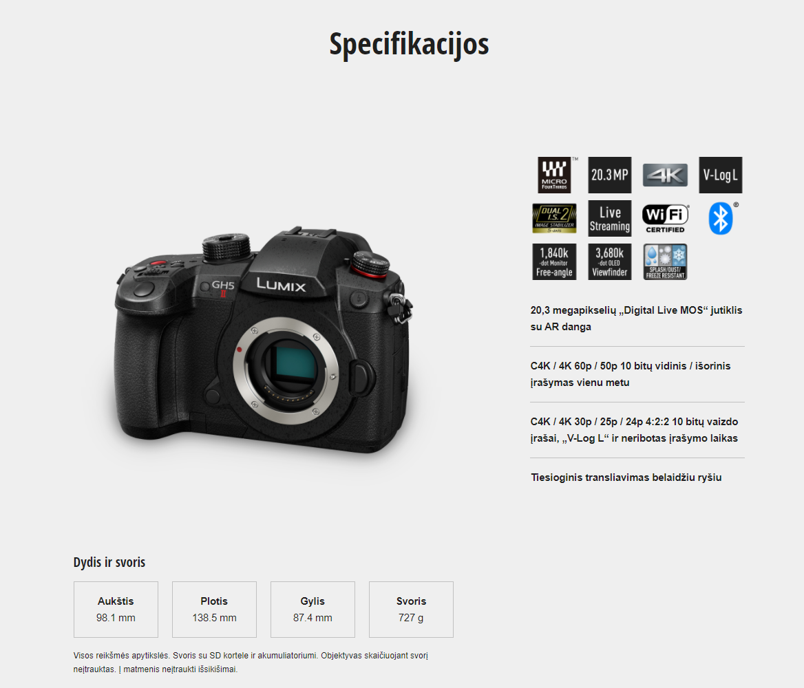Panasonic DC-GH5 mark II kėbulas aprašymas - Prekės nuotrauka